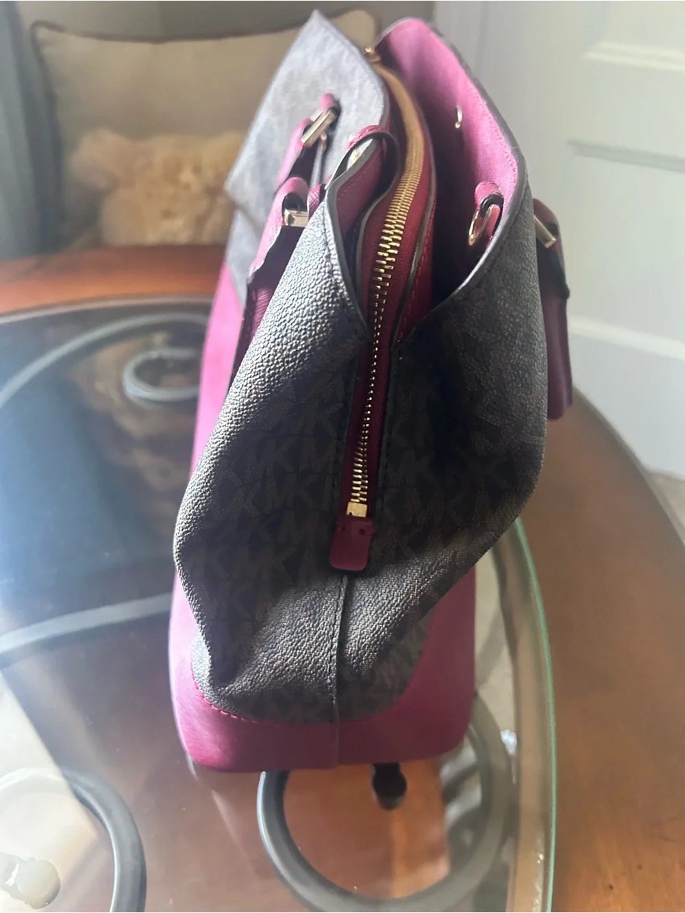 Michael Kors Brown MK Logo Satchel with Burgundy Accents